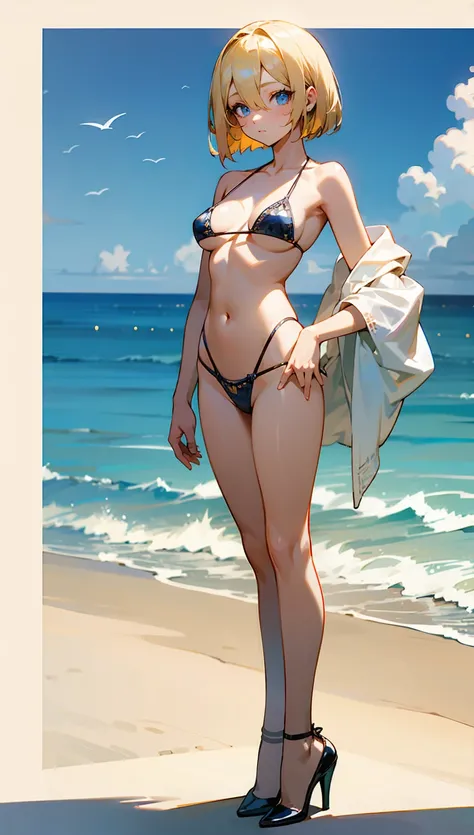  Blonde Bob Haired Blue Eyed Girl 、 hair between eyes、 full-bodied 、 glitter micro bikini、Border pattern、Are you wearing high heels、 beach、 sunshine、 depth of coverage、 standing pose from an oblique front