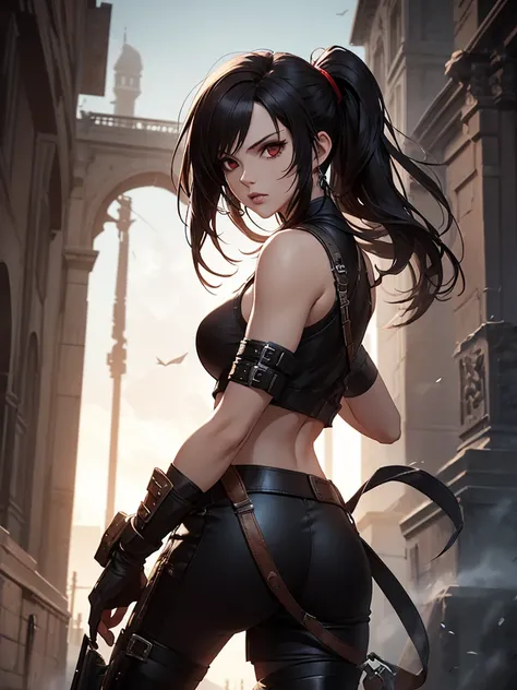 Tifa Lockhart from Final Fantasy, reimagined in the world of Black Desert Online. She is a fierce martial artist, wearing detailed fantasy armor with a mix of leather and metal, suited for an MMO setting. Her stance is powerful, ready for combat, with dyna...