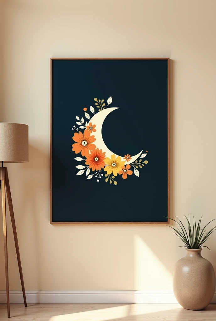 The image is a digital art piece that is displayed on a black canvas in a room with a beige wall and a wooden floor lamp. The focal point of the image is the crescent moon, which is surrounded by a floral design. The moon is in the center of the canvas, wi...