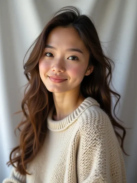  studio photo of a young and beautiful woman,  natural look ,  Rembrandt-style lighting ,  thick wool sweater ,  white fabric background ,  --no makeup --chaos 10 --proportions 3 :4 --styling 300 