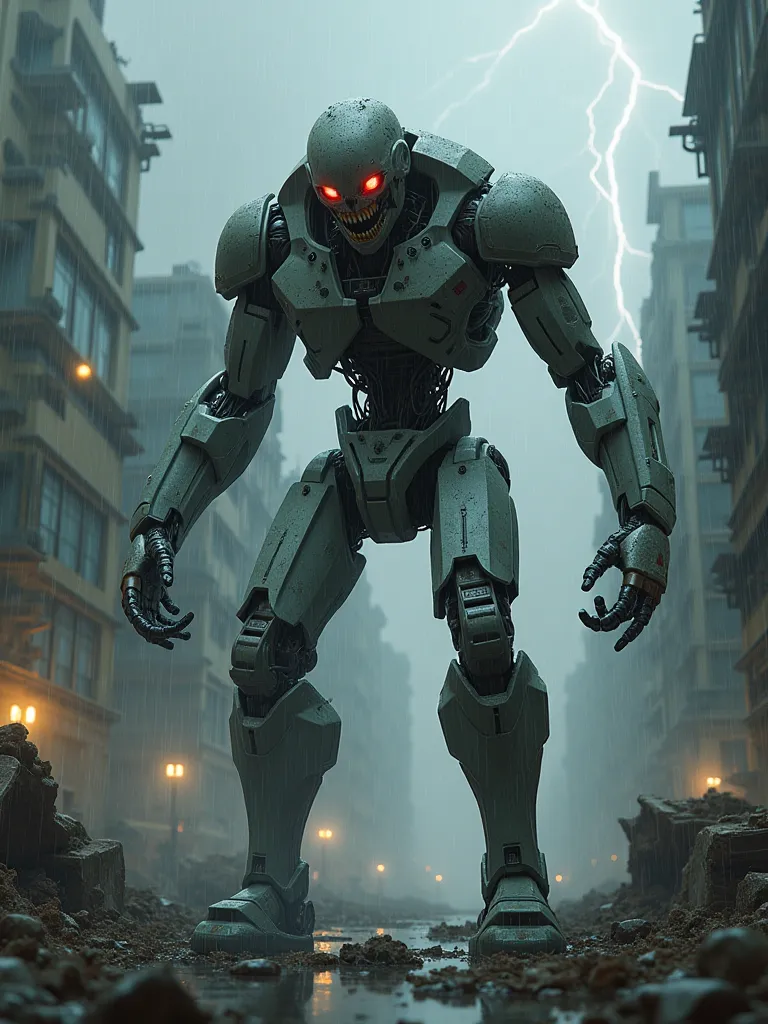 A robotic human is being angry in a city ruins in the rain.