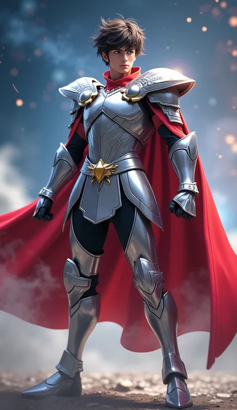 Create an ultra-realistic 8K image of Seiya, the Pegasus Knight, from the "Saint Seiya" series, featuring the character in full body and completely capeless. He should be wearing his silver Pegasus armor without a cape, with shiny metallic details and real...