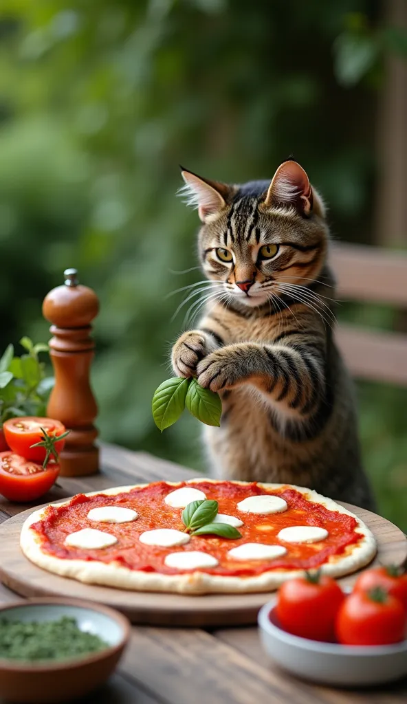 The cat, standing upright at the wooden table, is carefully placing fresh mozzarella slices onto the pizza dough with its right paw while holding a basil leaf in its left. The cheese contrasts beautifully with the deep red sauce. Nearby, a plate of sliced ...