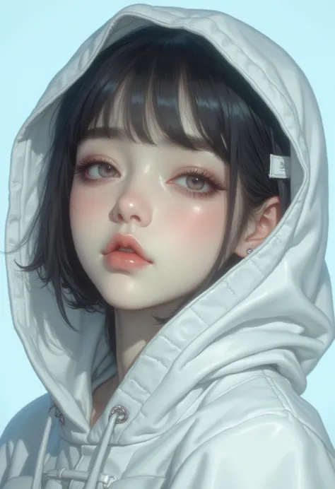 Super detailed depiction of a young asian woman, ethereal character with pale, that softly frames her delicate face, giving her an angelic appearance. Her expressive eyes are filled with innocence and wonder, adding a sense of purity and gentleness to her ...