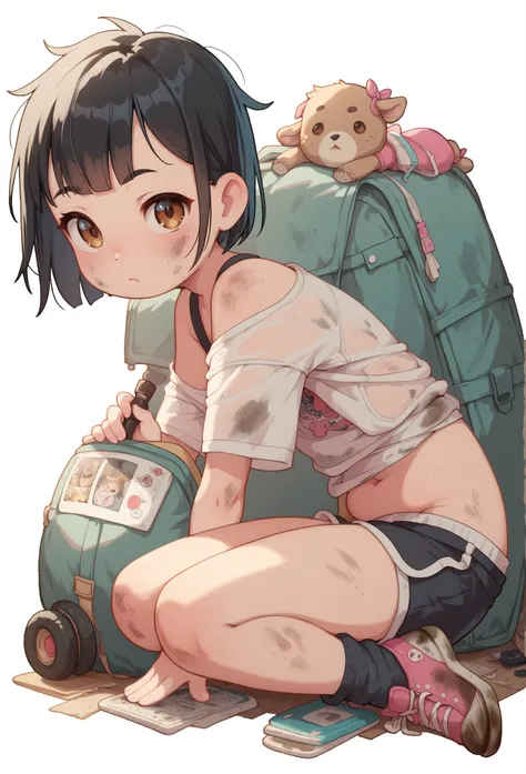  1girl, Loli, petite, black hair, brown eyes, short messy hair, full body, dirty clothing with rips, toddler 