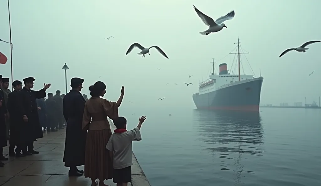 
“In 1960, in a busy port in Japan, a large ship slowly sets sail in the morning mist. Families and loved ones say goodbye at the edge of the dock, some crying quietly, while others wave desperately, trying to capture their last moments together. Women dre...