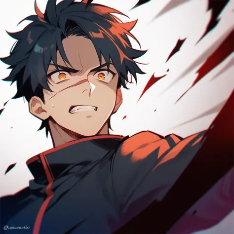 Image is a digital anime-style illustration featuring a muscular character with a determined expression. The character has spiky black hair and a light skin tone. A prominent red scar runs diagonally across the character's left eye. He is wearing a dark sh...