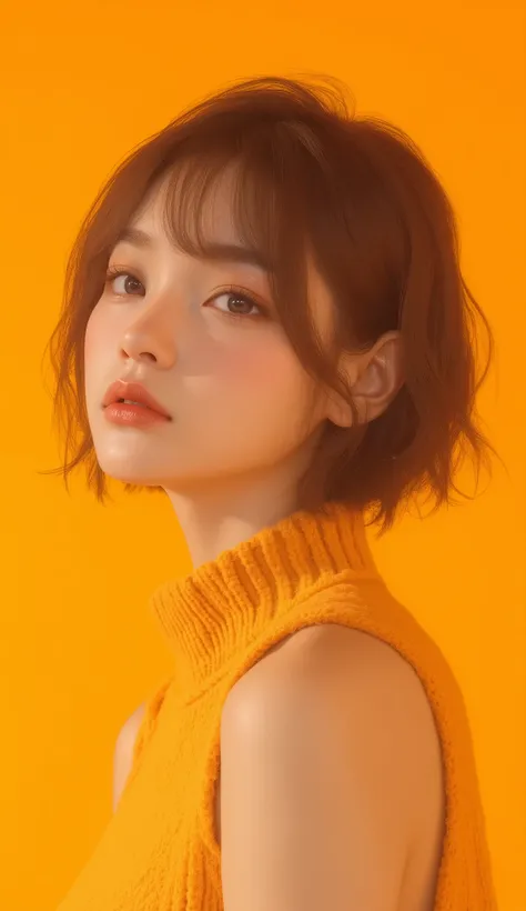 Create a photorealistic, Daylight image of a short-haired Asian woman with large, brightly blue eyes and soft lips, wearing a sleeveless sweater accented with cutout shoulders, showcasing a lone figure against a bright and vibrant orange-yellow background