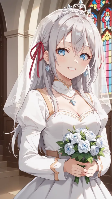 score_9, score_8_up, score_7_up. Source_anime, alyav4, 1girl, long hair, grey hair, blue eyes, ribbon, hair ribbon, hair between eyes, adorned in a lustrous white silk satin wedding dress featuring a voluminous puffy princess skirt and an extended train, c...