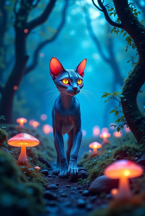 Extreterrestrial beautiful feline walking in a magical forest among giant fluorescent mushrooms 