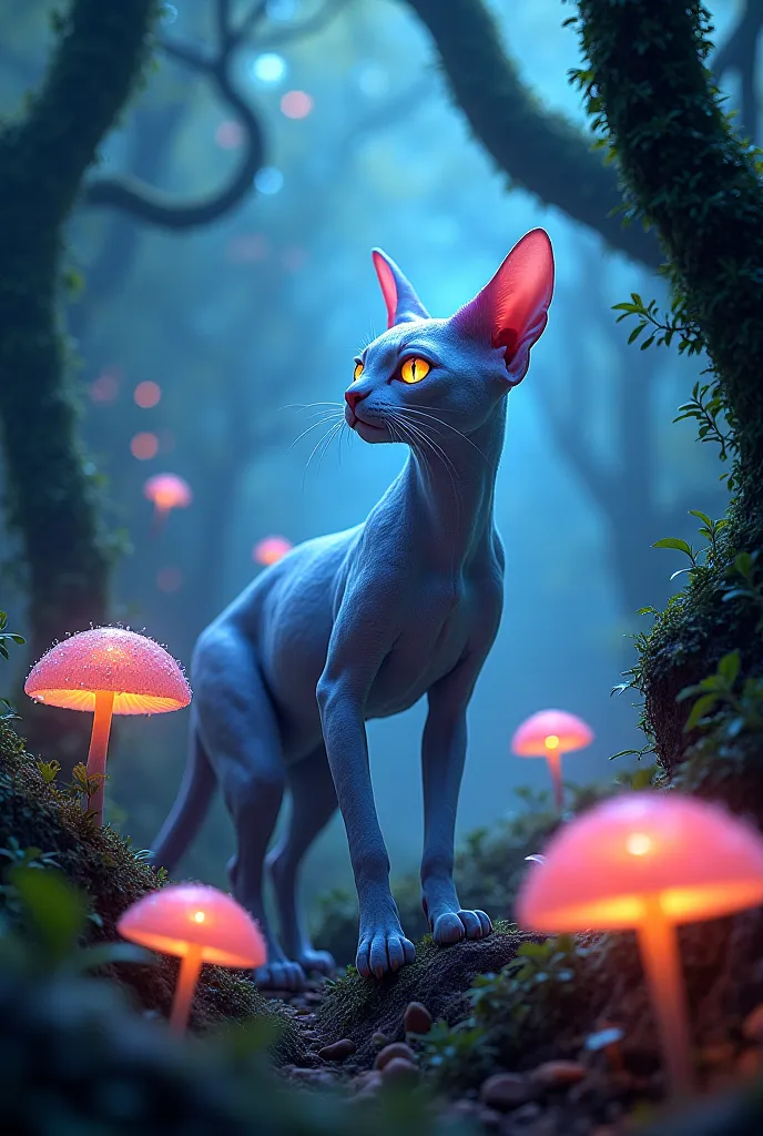 Extreterrestrial beautiful feline walking in a magical forest among giant fluorescent mushrooms 