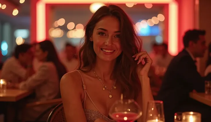 Realistic Instagram-style photo, shot on iPhone 15 Pro wide lens. A beautiful 30-year-old woman with a natural figure, sitting at a stylish party table. Soft ambient lighting, neon highlights in the background, slightly blurred guests. She is wearing an el...