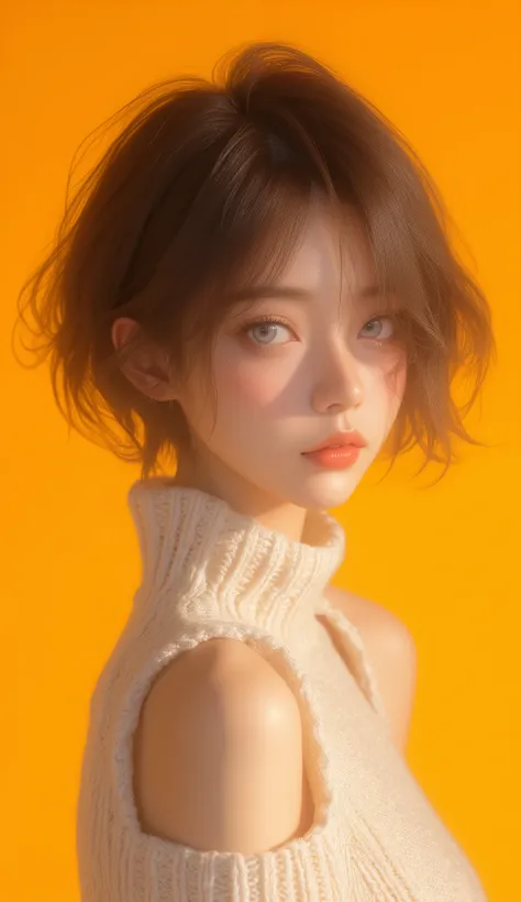 Create a photorealistic, Daylight image of a short-haired Asian woman with large, brightly blue eyes and soft lips, wearing a sleeveless sweater accented with cutout shoulders, showcasing a lone figure against a bright and vibrant orange-yellow background