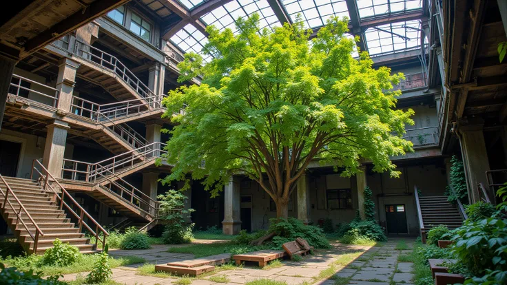 a weeping beech tree in a corner of an asymmetrical inner courtyard of a former ruined factory with a glass roof, metal stairs