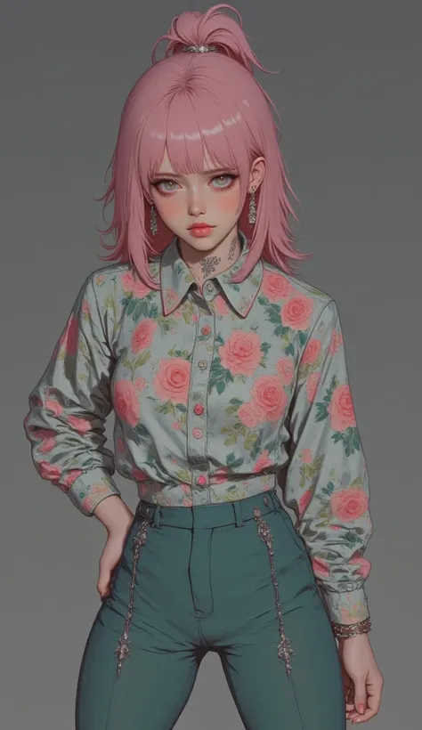 8k, masterpiece, highest quality, Korea's Beautiful Women, Three-quarter view,  pink hair, large eyes, defined cheekbones, subtle smile, neck tattoo, floral shirt, teal pants, knee rips, earrings, bracelet, confident pose, hand on hip, muted gray backgroun...