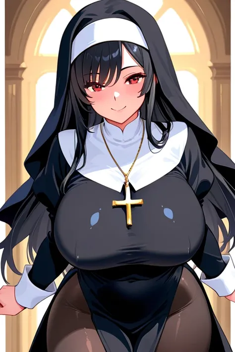 8k,masterpiece, best quality, ultra detailed, high resolution, super fine illustration, 1girl, solo, smile,red eyes, black hair, long hair, huge breasts,nun costume, veil, pantyhose, cowboy shot, looking at viewer,