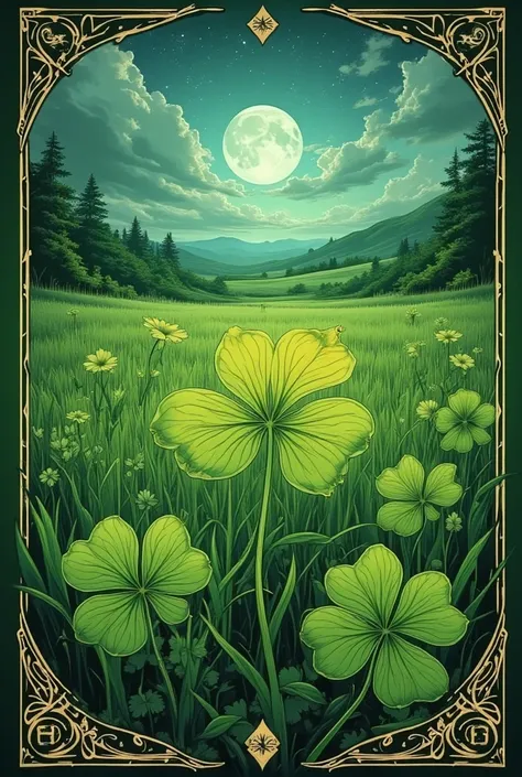 ### ** Visual description of the “Clover” card **  
** The central image **:  
 — The foreground depicts  ** four-leaf clover **  with bright green leaves .  One of the leaves is slightly illuminated with golden glow ,  symbolizing good luck and magical po...