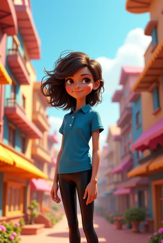 Disney inspired 3D poster/Pixar capturing a scene with a 17-year-old with frizzy, full hair and up to her shoulder,  with a yellowish white skin color, with a blue school shirt and black legue pants  