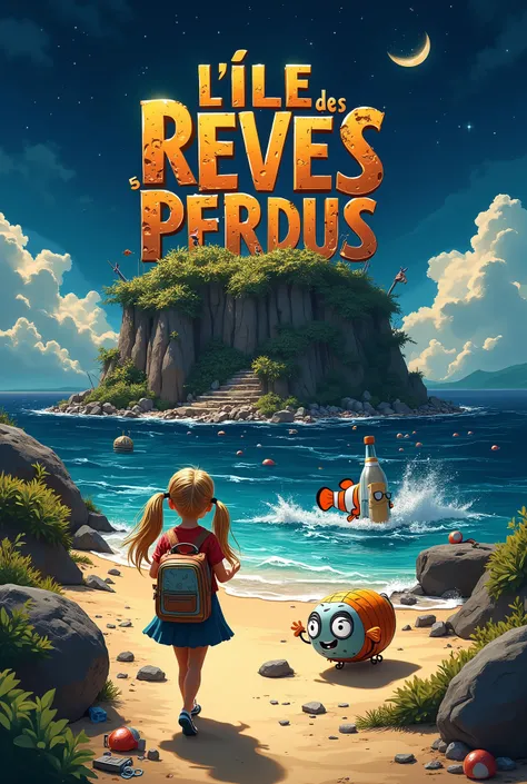 A highly detailed, playful, whimsical, vibrant, fantastic, cool and fanciful illustration of a movie poster featuring the title “L'ÎLE des REVES PERDUS” made in recycled waste and trash damaged 3D letters in a grunge, gross, cartoon and funny ish font, thi...