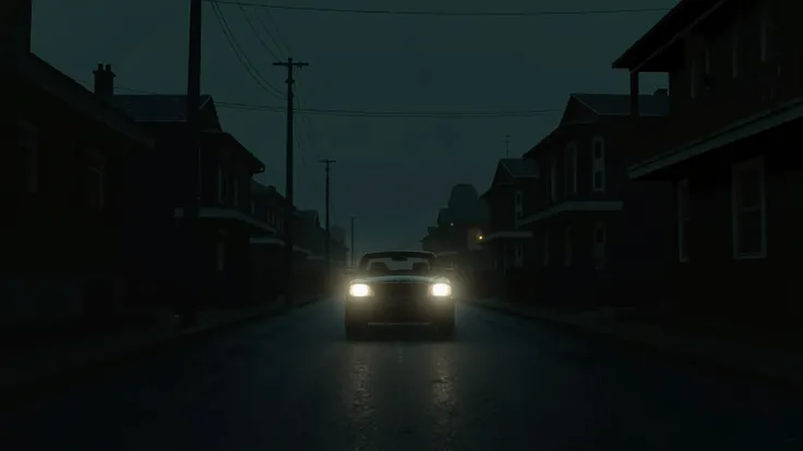 Car on a poorly lit narrow street houses in the background