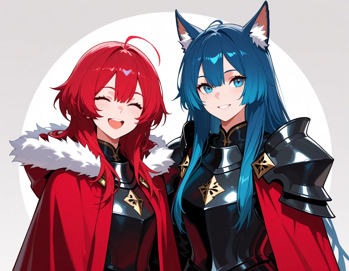 masterpiece,best quality,(twins),lady-knights,anime,(Separate Hair Colour),red hair,blue hair,black heavy armour,red cloak,white fur trim,
,happy,