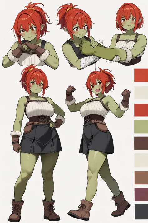 reference sheet, simple white background, (color guide:1.2), (multiple views), (full body), dynamic pose,, female,  orc, Broad-shouldered and stocky, standing 5'6" (168 cm) and weighing 160 lbs (73 kg). Her warm olive green skin and messy short red hair ma...