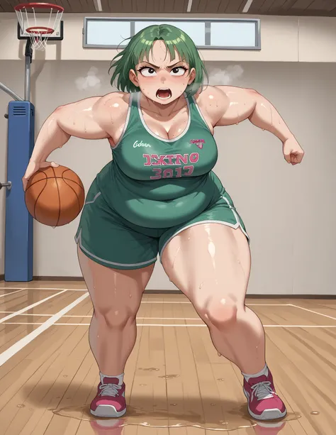 score_9, score_8_up, score_7_up, BREAK, 1girl, solo, punching judy, okko, 1girl, solo, , green hair, ponyt casual, cowboy shot, black eyes, looking at the viewer, large breasts, hand on hips, dark green tanktop, sweaty, black gym shorts, sweating profusely...