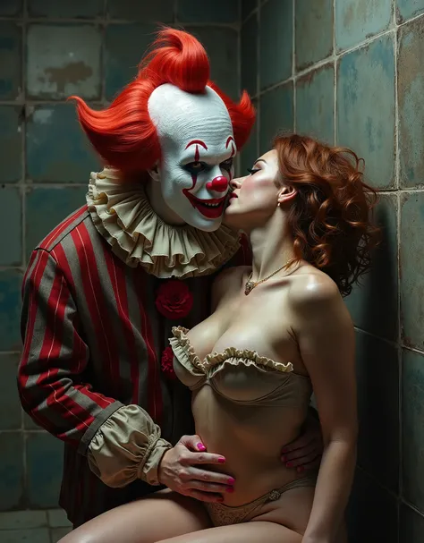 A scary clown with a hard dick with a long hat in the drain is fucking a very sexy naked woman, big breasts, pink pussy