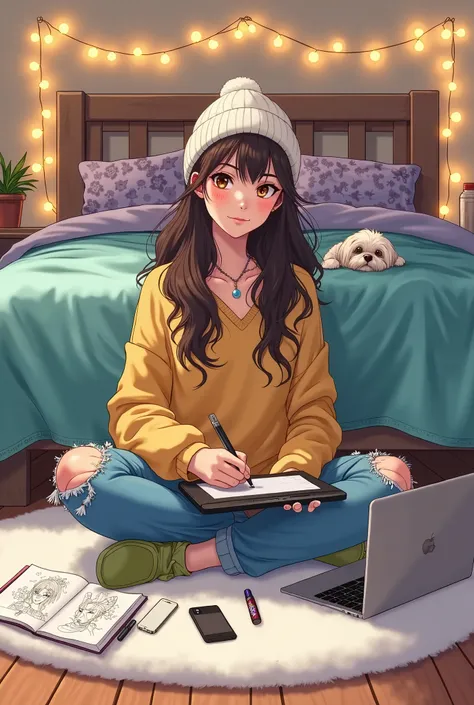 Prompt:
“An adorable and cozy anime-style illustration of a beautiful woman sitting cross-legged on a round white rug over a wooden floor. She has long, wavy dark brown hair, hazel eyes, and soft freckles across her face. She wears a white beanie, a yellow...