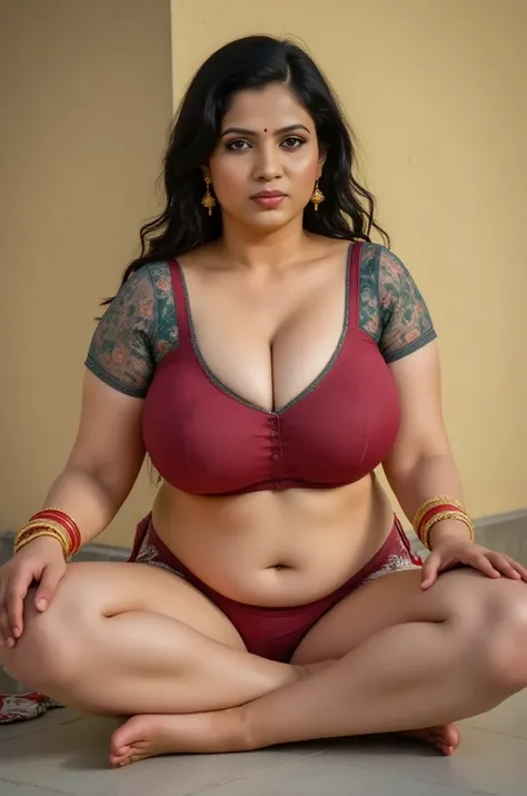 Plus size bbw, beautiful old married woman,wrinkle, plump,matte ,wavy medium hair, big boobs, fair skin, big cheekbones, beautiful, indian,big chin,bangles red and golden, jewellery on neck, nose pin jewellery,thick tighs ,big belly sitting on the floor wi...