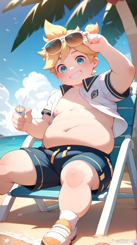 1 boy, (male ), Kagamine Len, cute, plump body and fat paunch, school uniform and shorts, sunglasses on hair, sitting on a chair on a beach , face slightly blushed, smiling happily