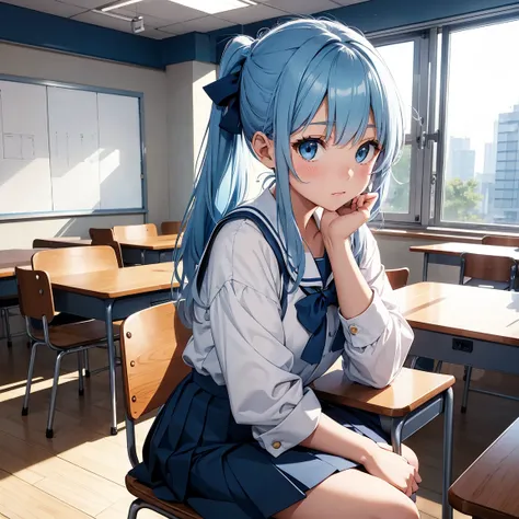 A young girl with light blue hair tied with a red ribbon sits on a chair in a clubroom. She wears a Japanese sailor-style school uniform, consisting of a white blouse with a navy blue collar and a pleated navy blue skirt.
She is casually reading a book at ...