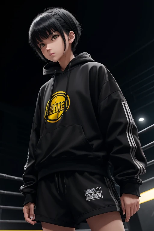   high res,   boyish,    girl,  black hair, Sporty shortcuts,   asymmetrical hairstyle  ,  Asymmetrical bangs,   yellow eyes,  There are three circles in the middle of the eye,  Skater Style Street Fashion, slightly oversized bottoms,  standing,  futanari,...