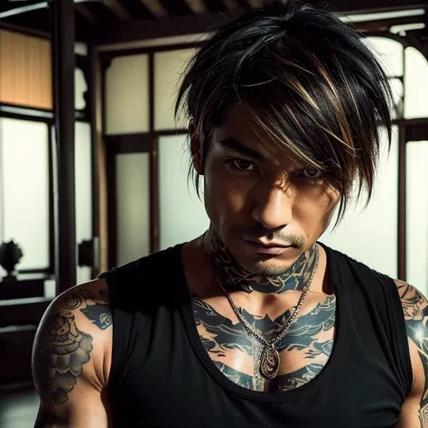 1 man, Japanese man, male, Asian eyes, muscular, broad shoulders, yakuza tattoos, hairstyle Visual Kei style, hair Visual Kei, black men's shirt and black pants, ultra detailed face and eyes, hyperrealistic, realistic representation, 40 years old, age 40 y...