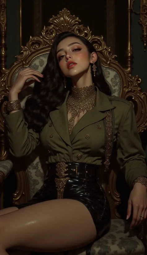 32k, Masterpiece, top quality, ( Korea's Beautiful Woman) armchair, leather, worn, gold, metallic, corset, top, blazer, olive-green, black, skirt, short, ankle, boots, makeup, eyes, necklaces, gold, relaxed, stylish, hand, face, background, dark, indistinc...