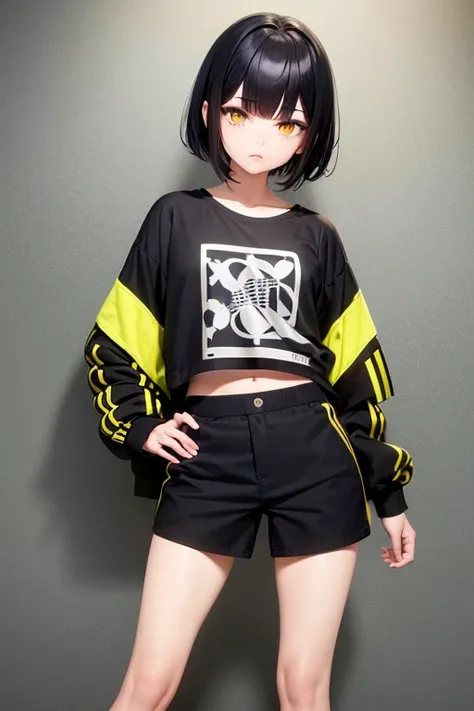   high res,   boyish,    girl,  black hair, Sporty shortcuts,   asymmetrical hairstyle  ,  Asymmetrical bangs,   yellow eyes,  There are three circles in the middle of the eye,  Skater Style Street Fashion, slightly oversized bottoms,  standing,  futanari,...