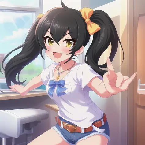 Matoba Risa,
long hair, black hair, twintails, yellow eyes, jewelry, smile, ribbon, 1girl, necklace, blush, hair ribbon, open mouth, bangs, bow, solo, hair bow, looking at viewer, white shirt, denim shorts, shorts rolled up, belt