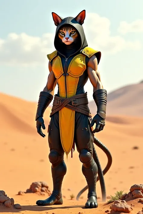 Full body photo of an anthropomorphic cat dressed as a scorpion from the game Mortal Kombat in a desert 