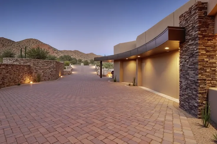 The rear exterior of a luxurious modern home in a secluded area of California, blending sophisticated architecture with the surrounding natural landscape. On the right side of the image, a curved garage door stand elegantly, framed by rectangular stone fin...