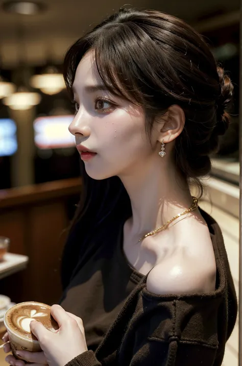  top quality,  masterpiece,  super high resolution on brown, ( realistic:1.4),  original photo, 1 female,  earrings, Jewelry, 1 female,  have dark hair ,  looking up,  cafe, realistic