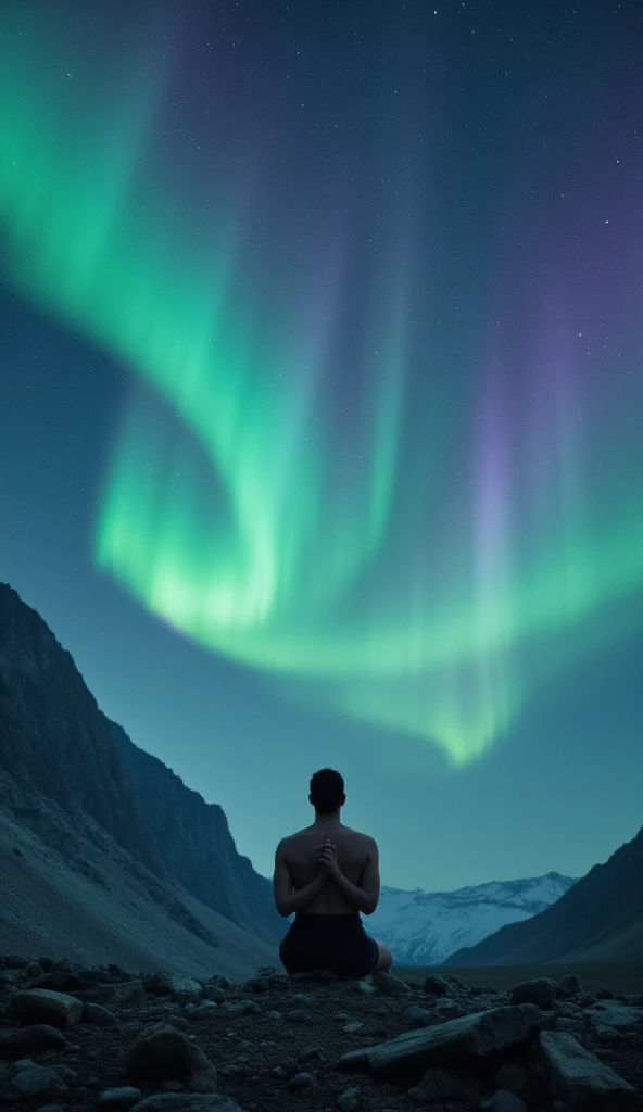 a man on his knees praying and looking up at a stunning view of the Northern Lights