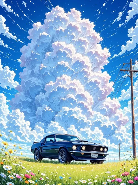 A vibrant, stylized landscape painting. A dark-colored, classic muscle car, likely a Ford Mustang, is parked on a grassy field, positioned slightly off-center to the right. The car is in the foreground, facing forward, and its details are clearly visible...