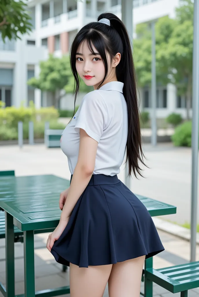  Real high quality and realistic photos of Thai women,  beautiful ((( big breast ,  big boobs , nsfw))) ,  best quality ,   20 year old Thai girl in a school uniform standing near a green metal table,   she is wearing a white shirt((( big breast ,  big boo...