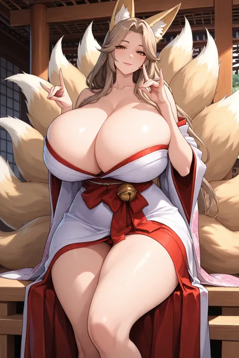 high resolutionx, high quality, 1 girl, solo, kitsune, fox girl, kyuubi, fox ears, fox tails, nine tails, ara ara, mature female, cute, kawaii, sweet, tall female, gigantic breasts, curvy, wide hips, thick thighs, light brown long hair, light brown eyes, k...