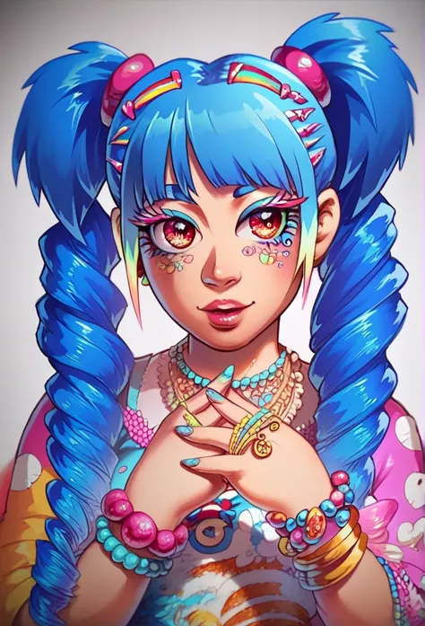  decora kei/core fashion, long hair, pigtails, bracelets, lots of color, lots of hair clips, multicolored hair, colorful clothes, 1 girl, long eyelashes, perfect hands