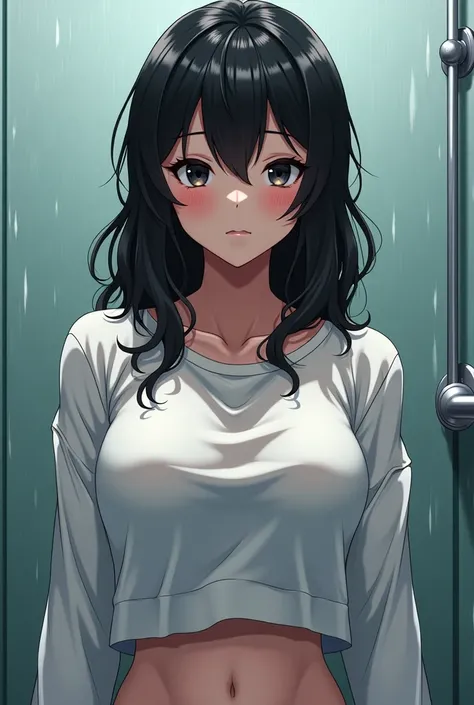 (( the best quality)), (( masterpiece)), (Meticulously detailed ),  a 17-year-old anime girl with medium-long wavy pointed black hair, And black eyes, wet sweatshirt in the shower,  has an aggressive personality ,  athletic physique,  has big breasts, has ...