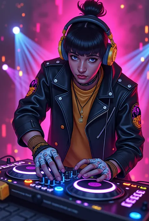 **left**: **Avatar Noxvel ** ( with LED gloves and headphones ) manipulating a floating DJ controller .  
- ** right**: ** VTuber Rapper ** ( anime-style avatar with leather jacket and gold microphone)  throwing fire from their bright .  
- ** details **: ...