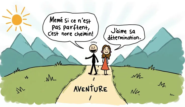 A stick figure man confidently choosing a path labeled "Aventure" at a crossroads, while a stick figure woman follows him with a smile. The background is a scenic landscape with mountains and a bright sky. The man's thought bubble shows "Même si ce n'est p...