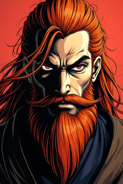  A man like the old Japanese manga with a shaded character that shadows the face and makes beautiful shadow details. He has orange and red hair, but he is very long. He has a thick beard and a sharp eyeliner around his eyes that has made him look majestic,...