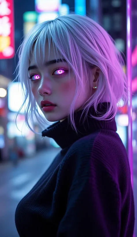 8k, masterpiece, highest quality, Korea's Beautiful Women, short white hair, glowing purple eyes, futuristic implants, neon city background, dystopian atmosphere, digital art, highly detailed, moody lighting, sci-fi aesthetic, hyper-realistic, 3D rendering...